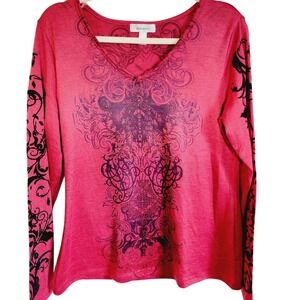 Dress Barn L Top Women's Red Black Pullover Tunic Slinky L/S‎ NWOT
